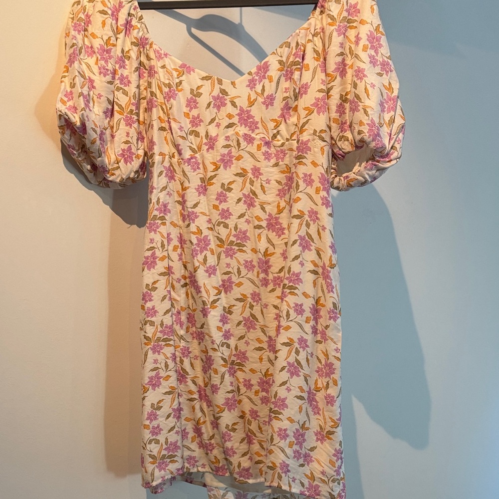 Z Supply Floral Puff Sleeve Mini Dress - Pink and Orange